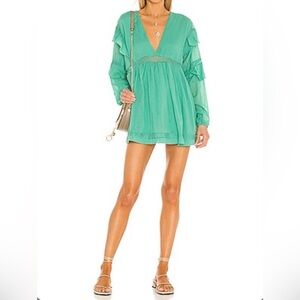 Free People Seashell Skort Romper Lace Long Sleeve V Neck Ruffle Boho Dress